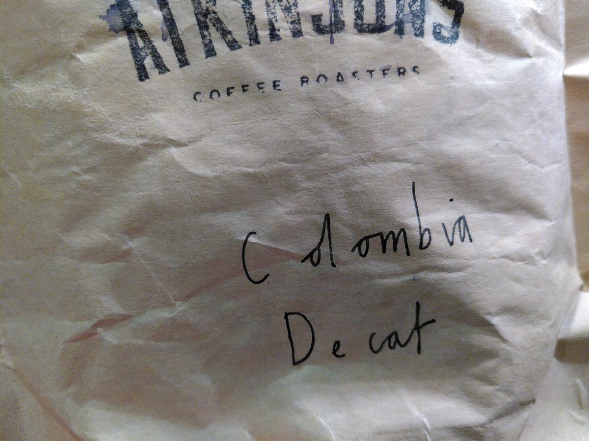A bag of 'Colombian decaf' coffee
