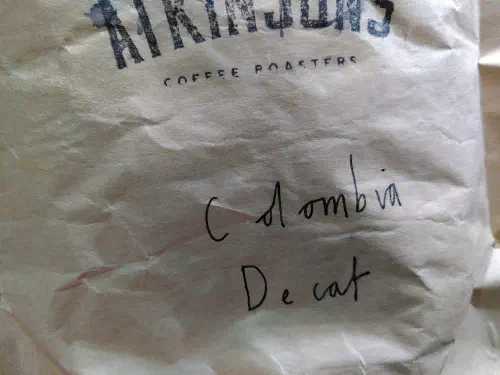 A bag of 'Colombian decaf' coffee