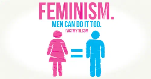 A man and a woman on either side of an equals sign, with the text above reading 'Feminism. Men can do it too. factmyth.com'