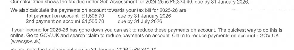 Tax calculation showing an estimate 2025--26 tax bill of £3,011.40, to be paid in two instalments of £1,505.70.