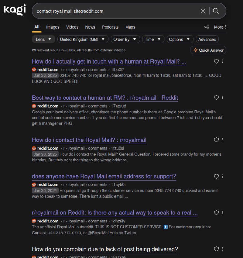 Search engine results for a search of "contact royal mail site:reddit.com", showing many results