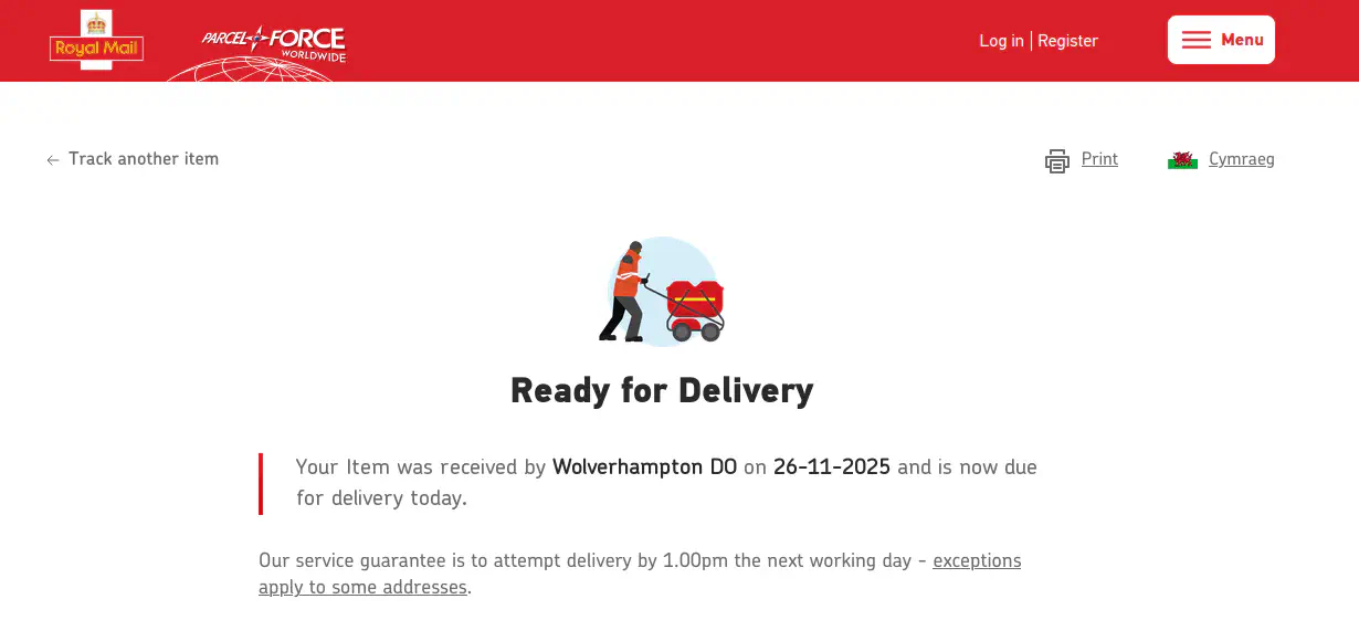 Royal Mail delivery tracker, showing that the delivery arrived at a Wolverhampton Delivery Office at the end of November