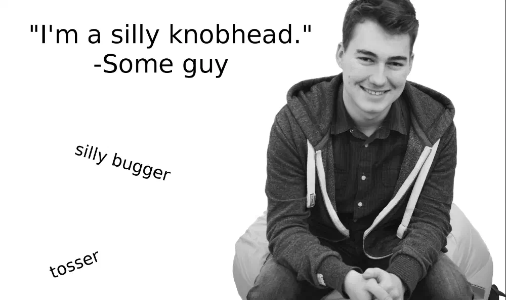 A photo of the author, alongside text reading '"I'm a silly knobhead" — Some Guy', 'silly bugger' and 'tosser'