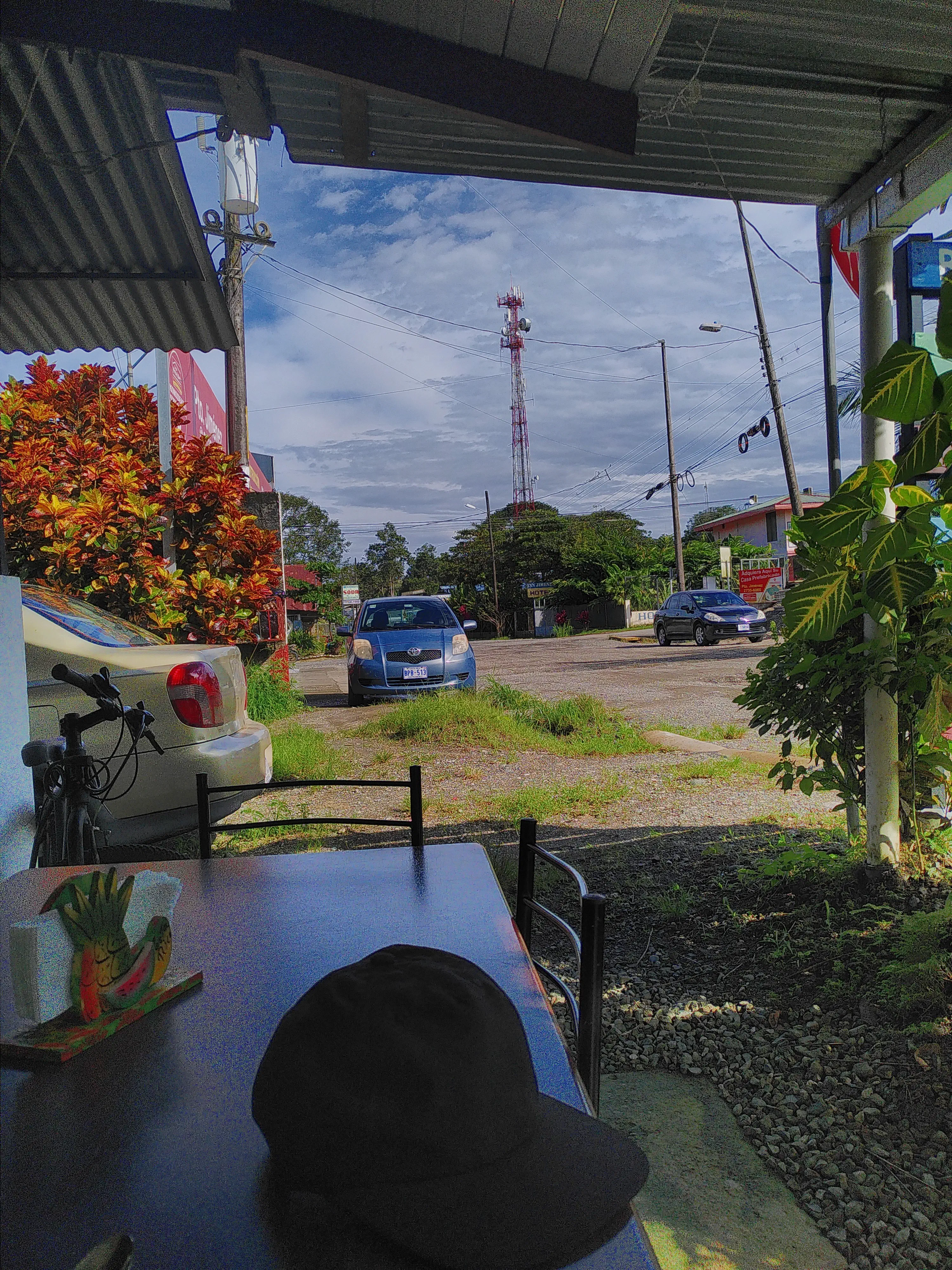 Looking down a main road from a café table