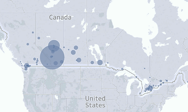 A map of the US–Canada border