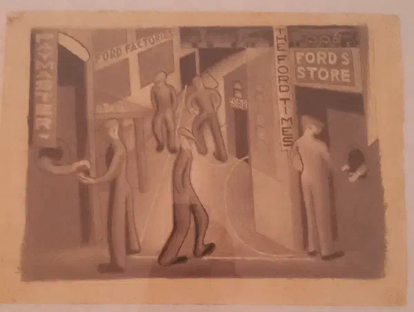 Men walking through a city comprised entirely of Ford-owned businesses in which they spend their pay