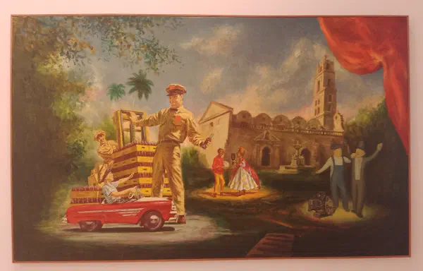 A boy in a toy car receives Coca-Cola from smiling deliverymen, a black couple dance in front of a church and a businessman and worker join arms in delight