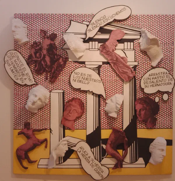 Greek statuary in a comic-book scene