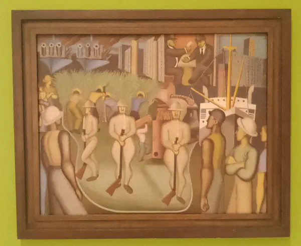 Soldiers stand guard over a group of campesinos working to make the bosses richer