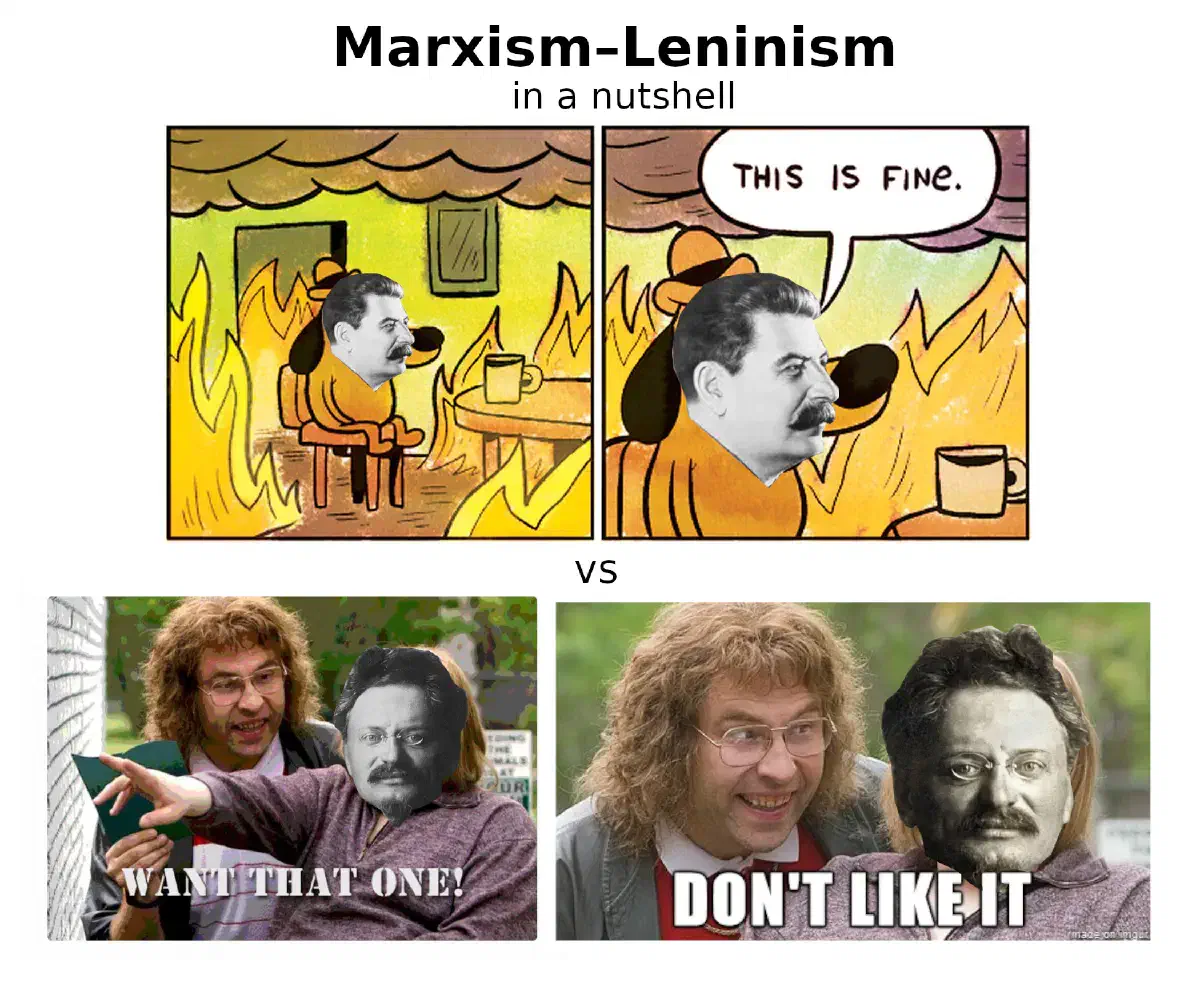 An image titled ‘Marxism–Leninism in a nutshell’ depicting Stalin in a burning building declaring that ‘this is fine’ and Trotsky declaring ‘I want that one’ followed by ‘I don't like it’