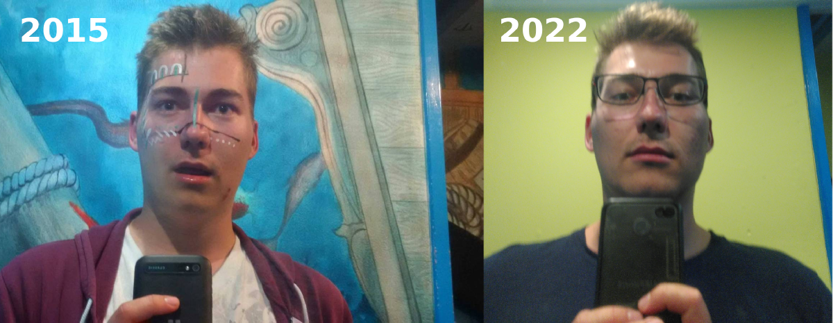 Two photos of me taken 7 years apart in the same mirror at the Flying Pig Beach Hostel