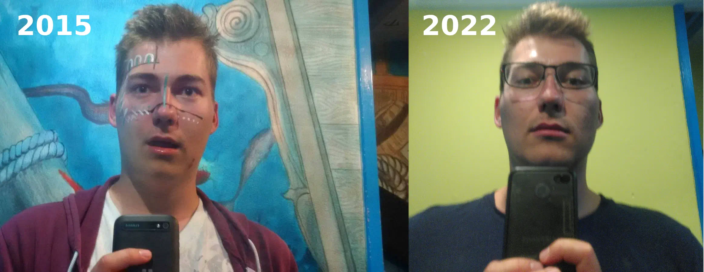 Two photos of me taken 7 years apart in the same mirror at the Flying Pig Beach Hostel