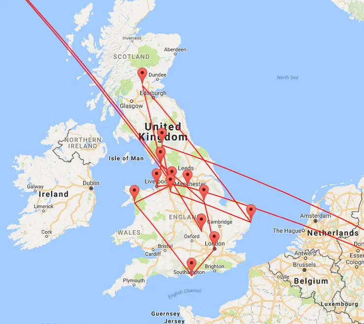 A detail of the map showing a route between the UK, Iceland and Hungary, showing only the UK section.