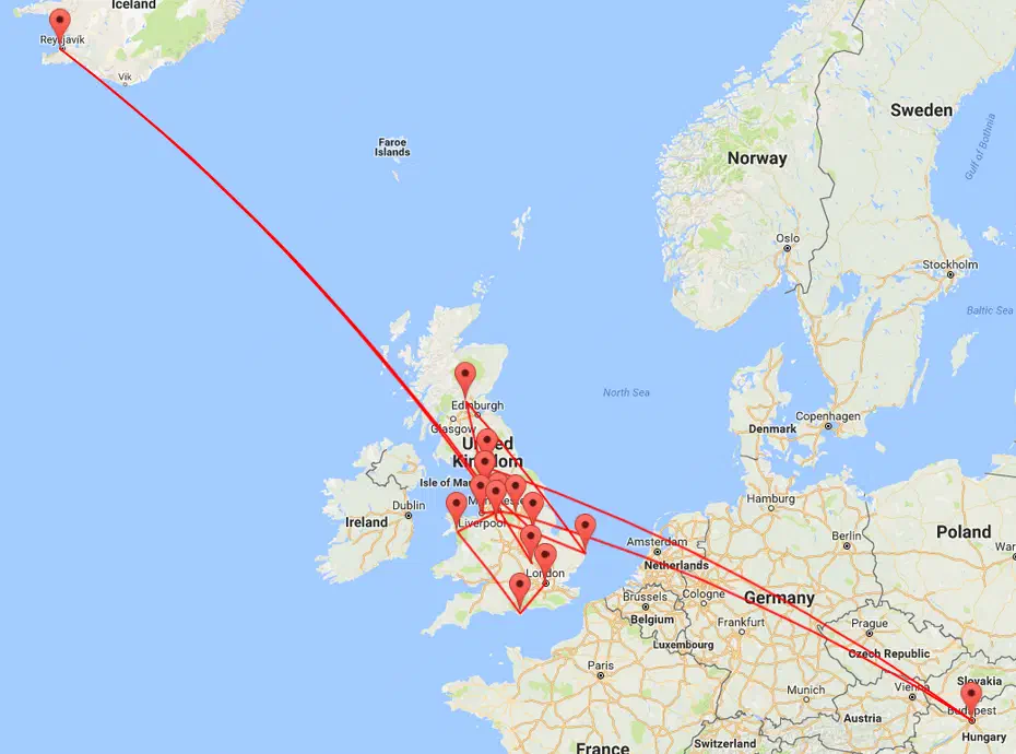 A map showing a route between the UK, Iceland and Hungary.
