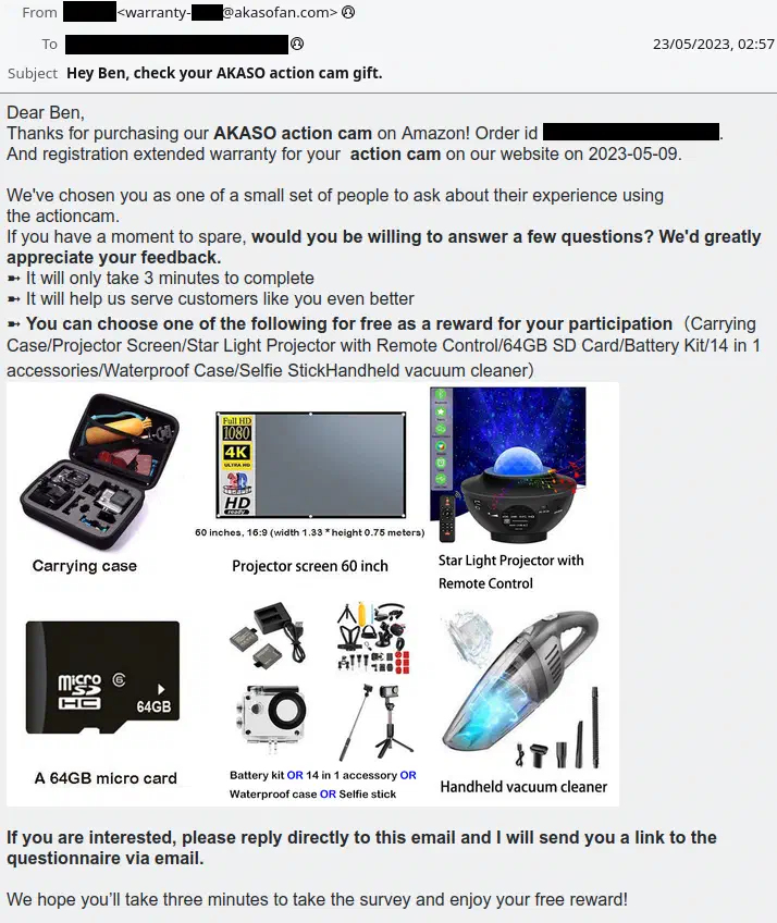 An email offering a selection of free rewards in exchange for completing a survey