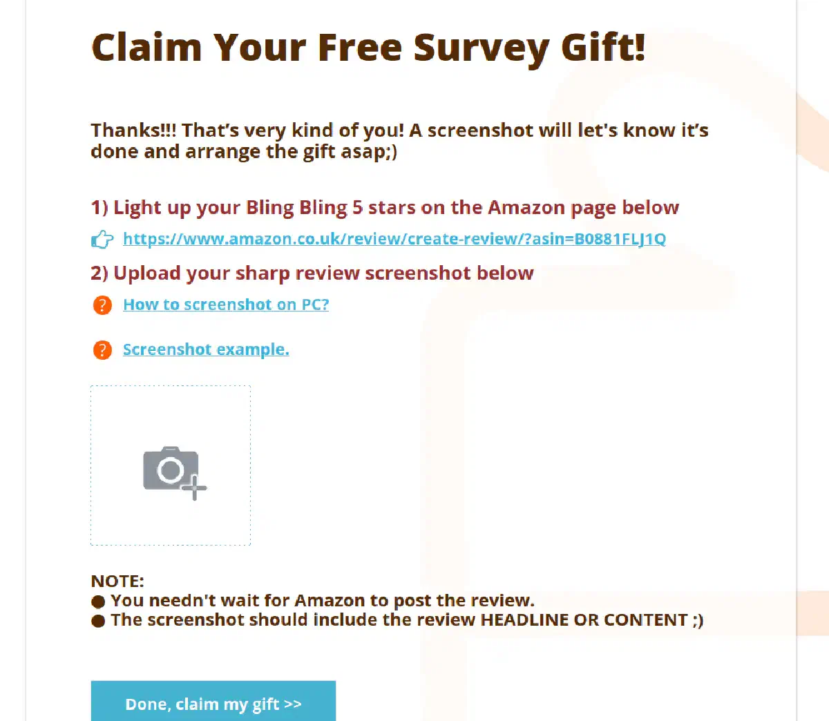 A survey completion screen telling me to add a 5-star review for a product on Amazon