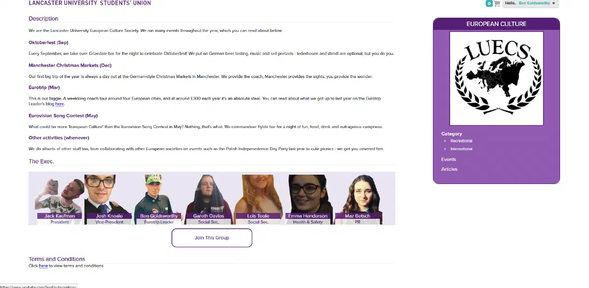 Lancaster University European Culture Society listing on the new LUSU Web site