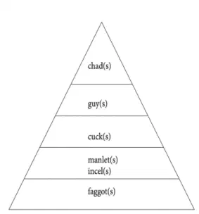 A pyramid showing, from top to bottom: 'chad(s)'; 'guy(s)'; 'cuck(s)'; 'manlet(s)' and 'incel(s)'; and 'faggot(s)'