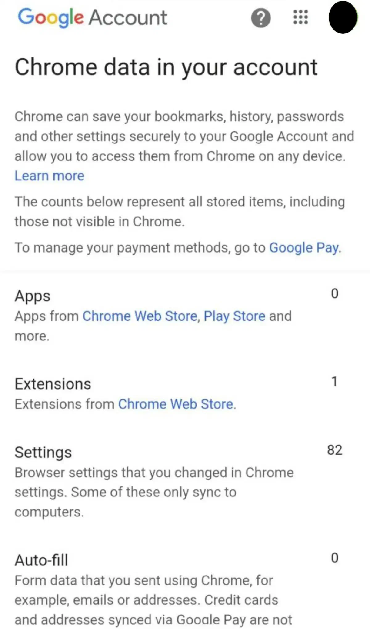 A screenshot of the Google Account ‘Chrome data in your account’ page, showing 0 Apps, 1 Extension, 82 Settings and 0 Auto-fills.