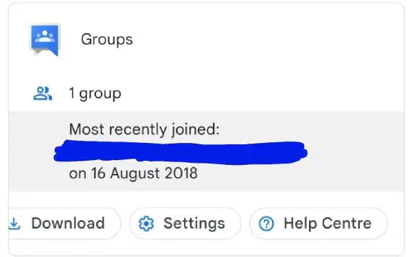 A screenshot of the Google Account Groups page, showing 1 group joined in mid-2018.