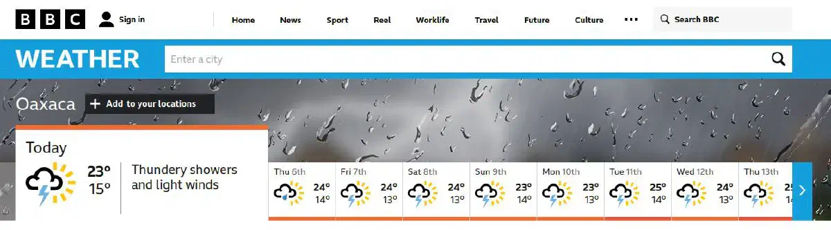 A weather forecast, showing cloudy stormy sunshine for the entire coming week