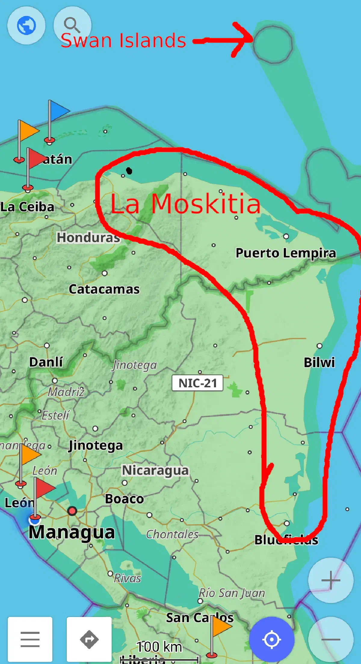 A map with the the Moskitia region of Honduras and Nicaragua circled, along with the Swan Islands off the coast