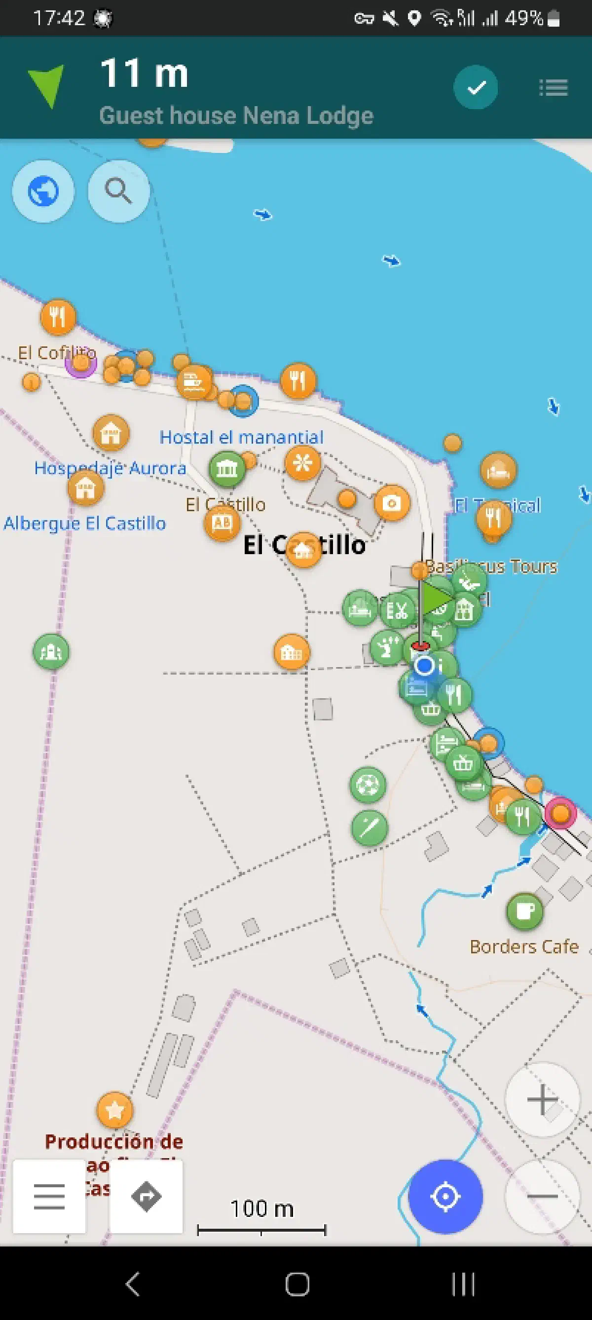 A screenshot of El Castillo on the OSMAnd mapping app, showing several newly-created and -modified points of interest