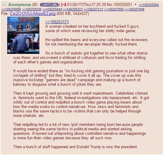 A poster on /pol/ explains how Gamergate let to President Trump.
