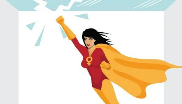Feminist superwoman smashing glass ceiling