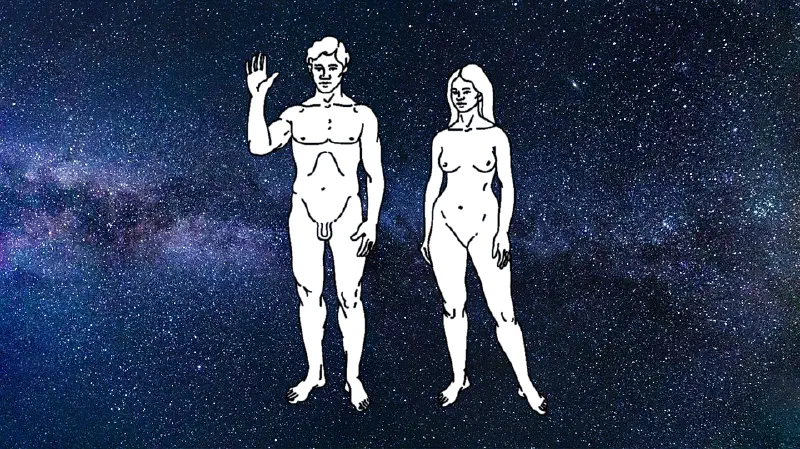 Male and female human figures against a starry background