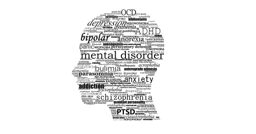 A silhouetted head comprising various mental health-related words