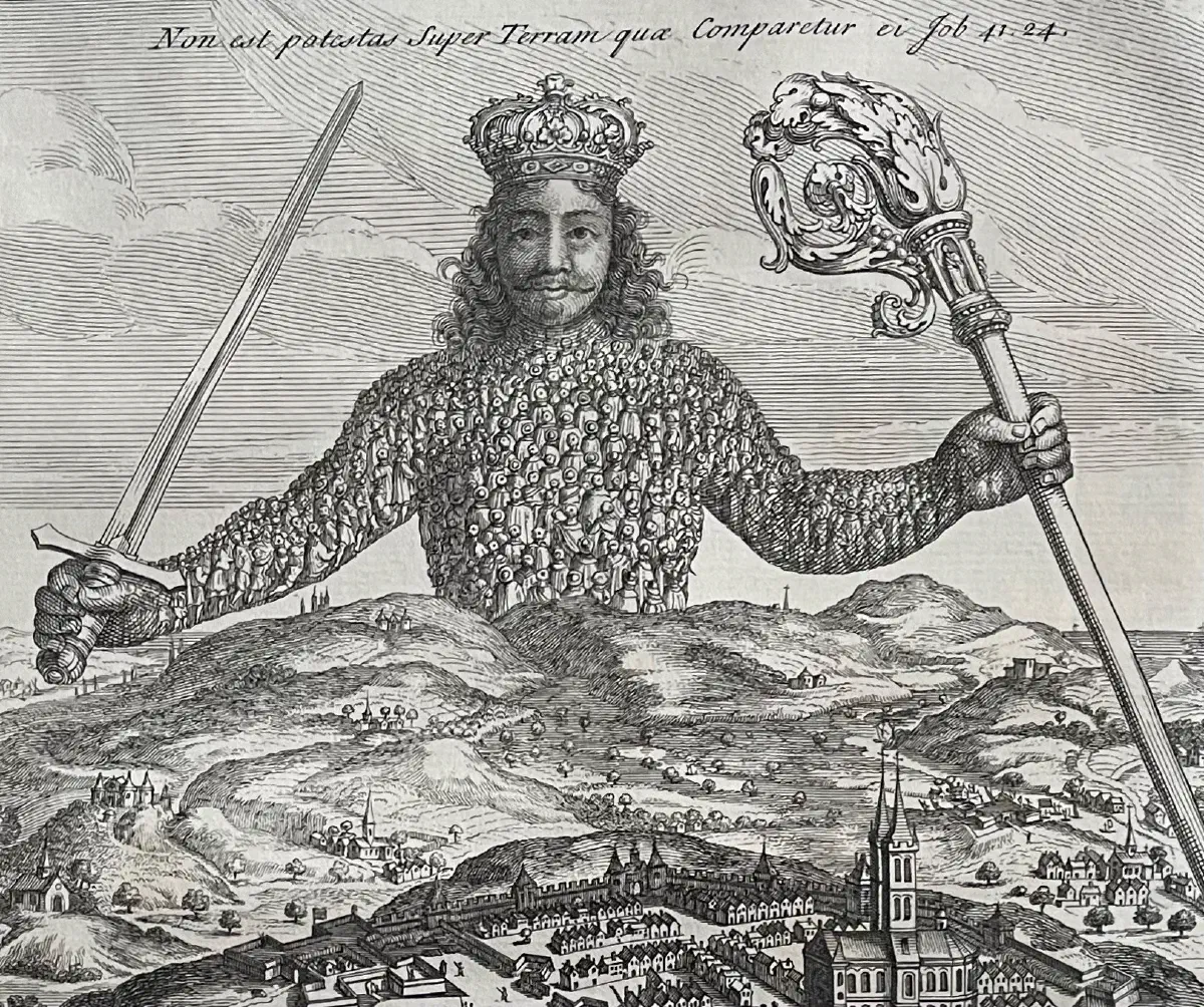 A king wielding a sword and staff, comprised of individuals