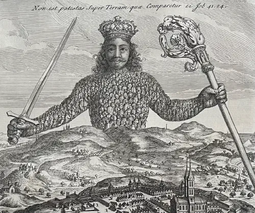 A king wielding a sword and staff, comprised of individuals