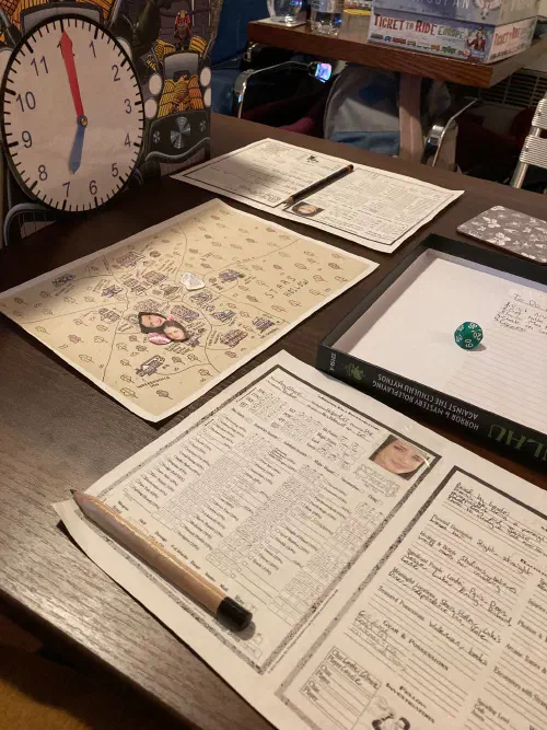 A table set up to play a tabletop roleplaying game
