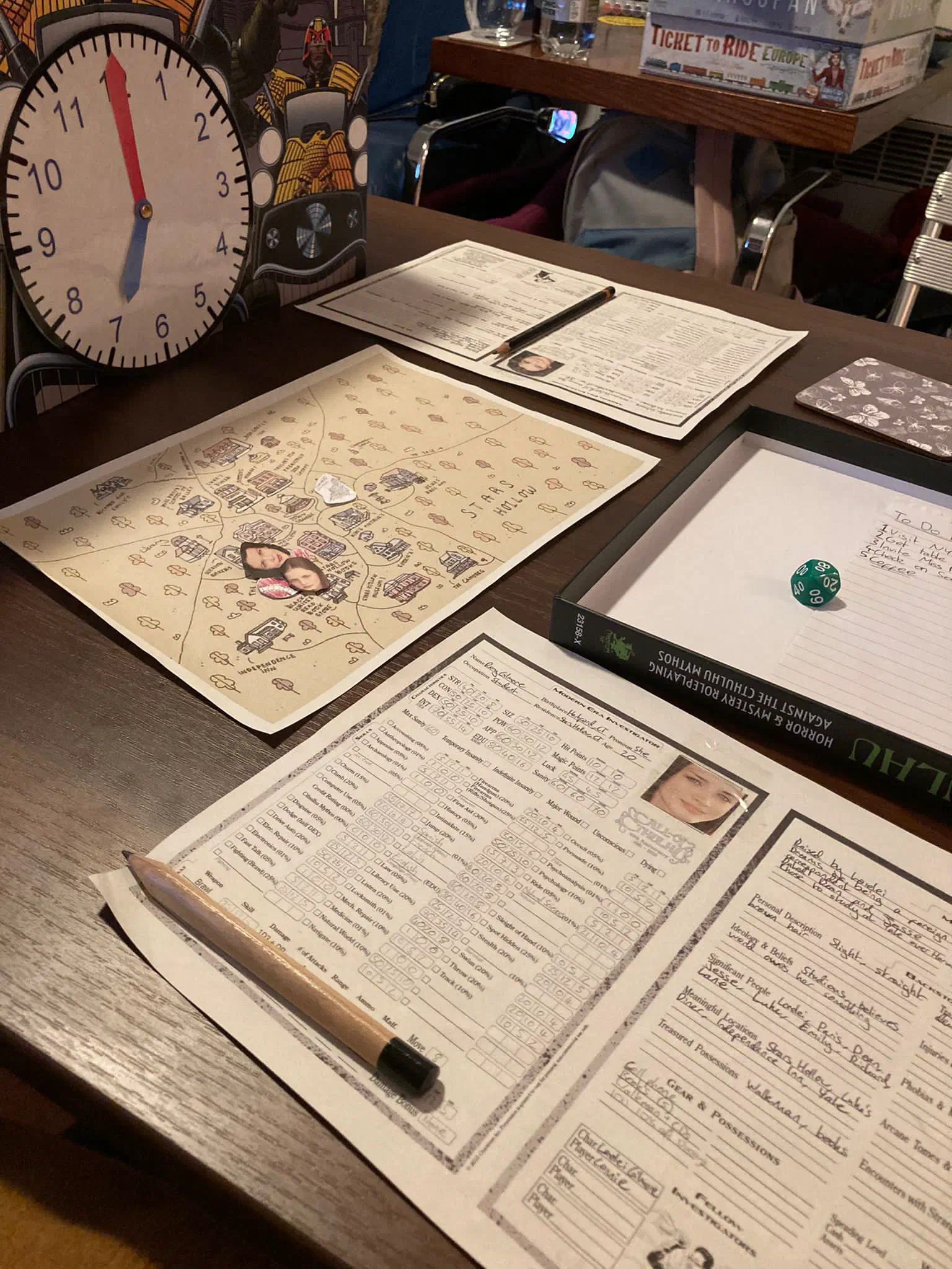 A table set up to play a tabletop roleplaying game