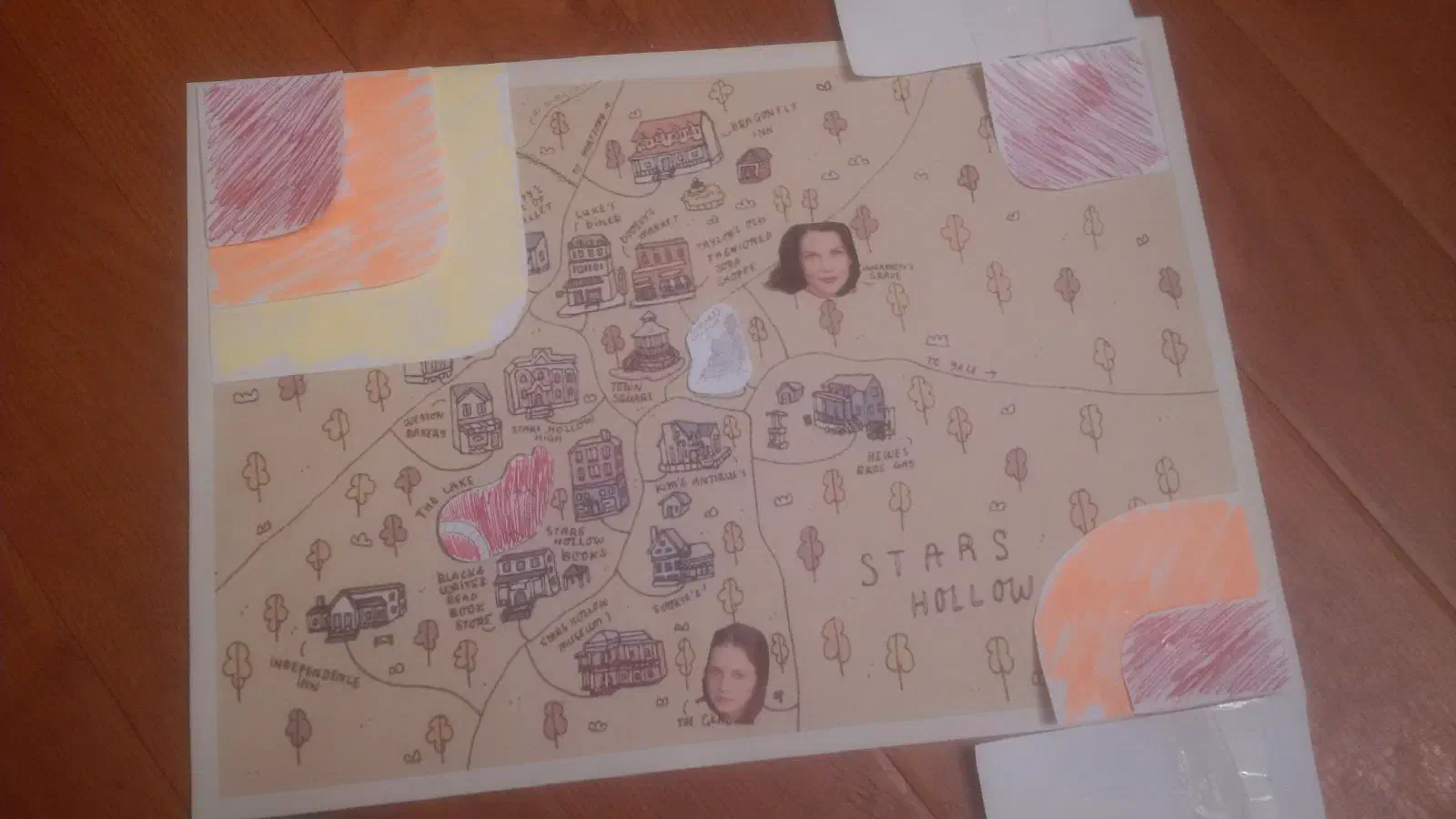A map of Stars Hollow with playing pieces arrayed on top, as of the end of the game