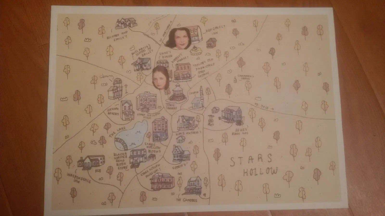 A map of Stars Hollow with playing pieces arrayed on top