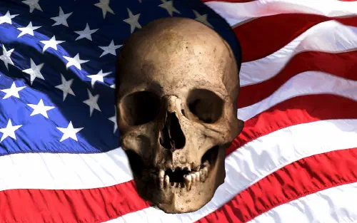 A human skull over a US flag