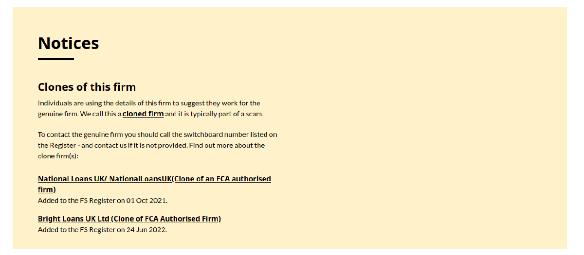 <abbr title="Financial Conduct Authority">FCA</abbr> warning about clones of T Dot UK Limited