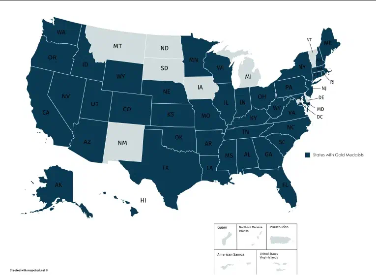 Map of the US showing numbers of Congressional Medalists per state