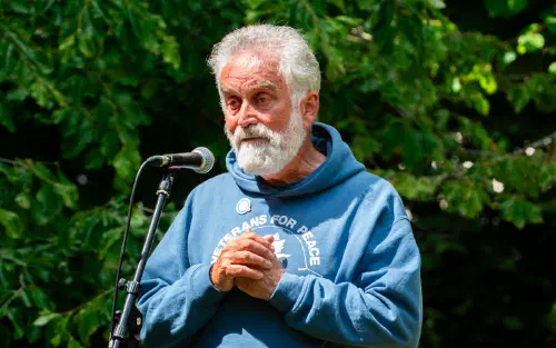 Michael Elstub from Veterans for Peace giving a speech
