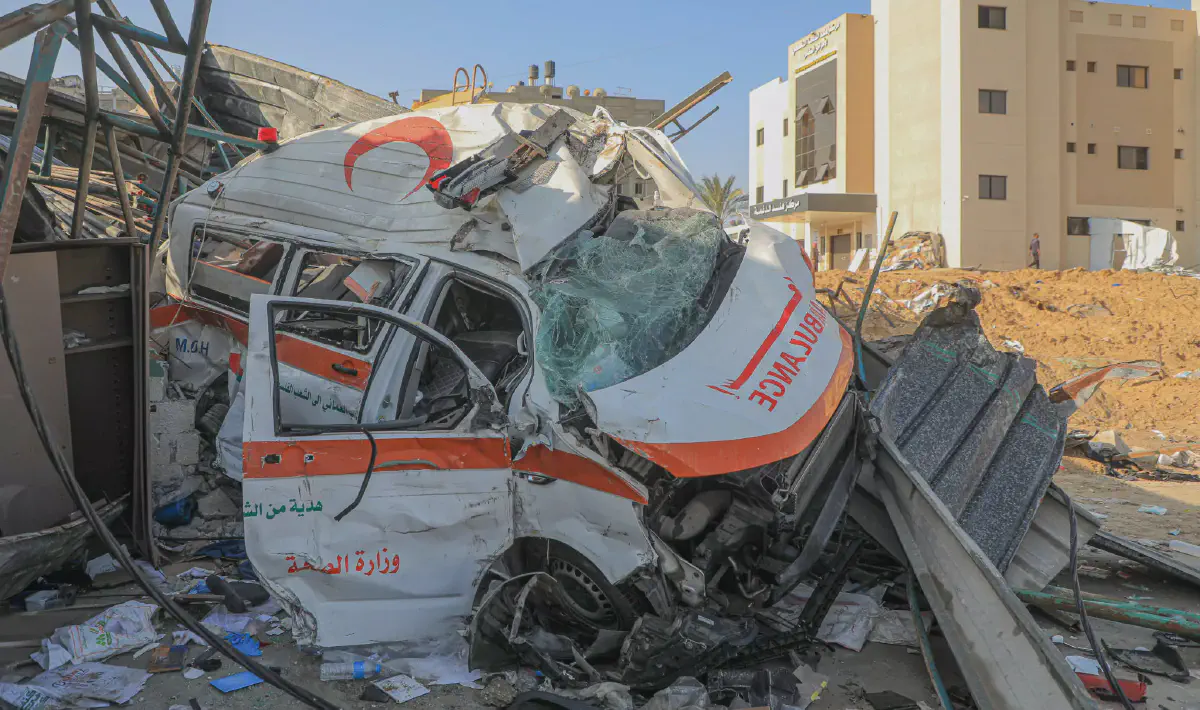 A destroyed ambulance at Nasser Hospital in Gaza.