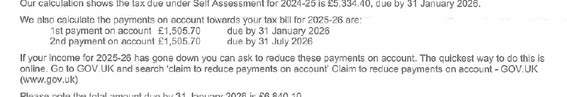 Tax calculation showing an estimate 2025--26 tax bill of £3,011.40, to be paid in two instalments of £1,505.70.