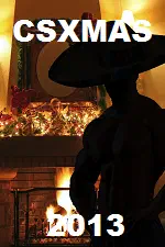 A silhouetted man with a large hat, standing in front of a Christmas-themed fireplace