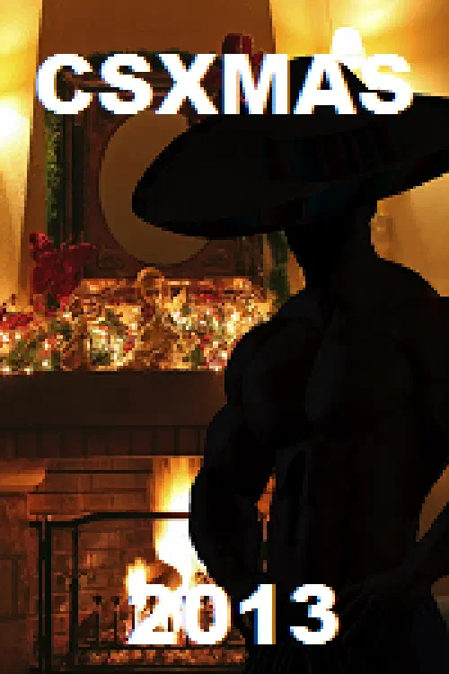A silhouetted man with a large hat, standing in front of a Christmas-themed fireplace