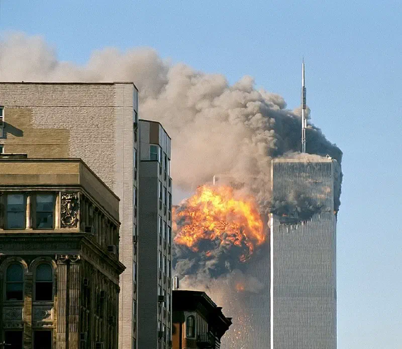 United Airlines Flight 175 crashes into the south tower of the World Trade Center complex in New York City during the September 11 attacks
