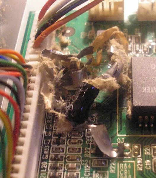 A failed electrolytic from a broken LCD monitor. The power supply failed and overheated the cap causing explosion.