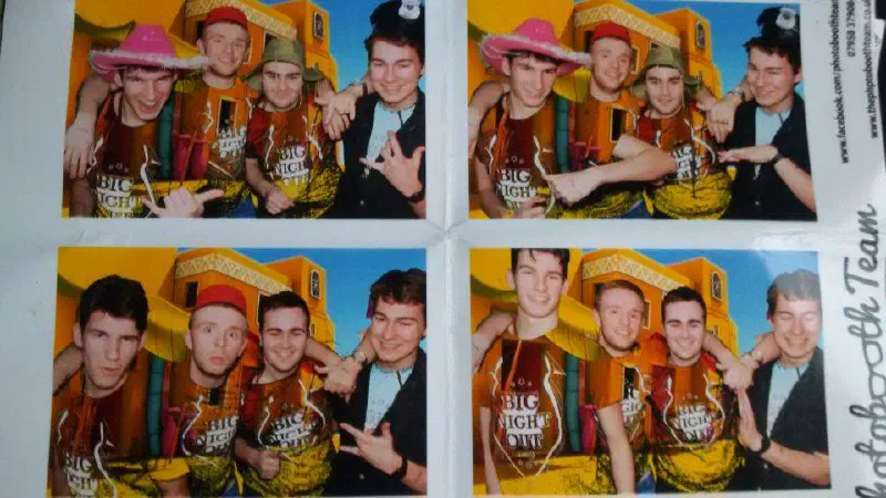 A grid of photobooth photos showing a group of students in fancy dress