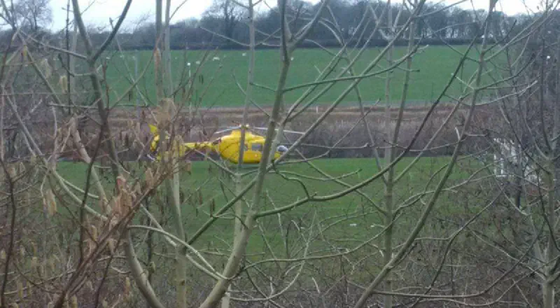 Helicopter landing in field
